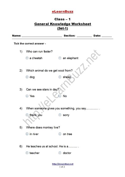 General Knowledge Worksheet For Class 1 Set 1 Elearnbuzz