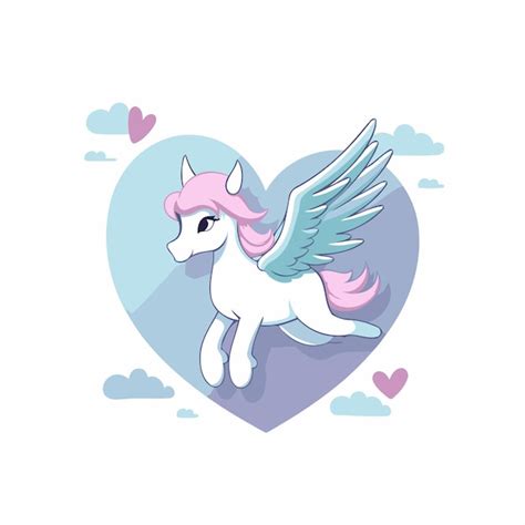 Lindo unicornio de dibujos animados con alas en el corazón Ilustración