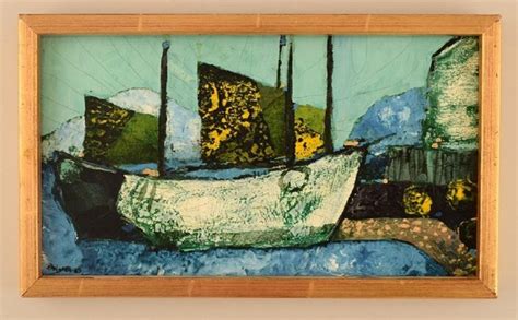 Sven Ahlgren Modernist Landscape With Boats Suecia Oil On