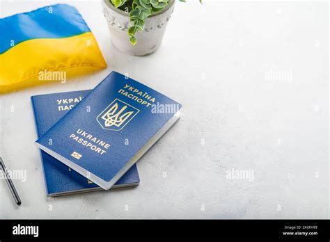 On A White Background Are Two Biometric Ukrainian Passports And A Small