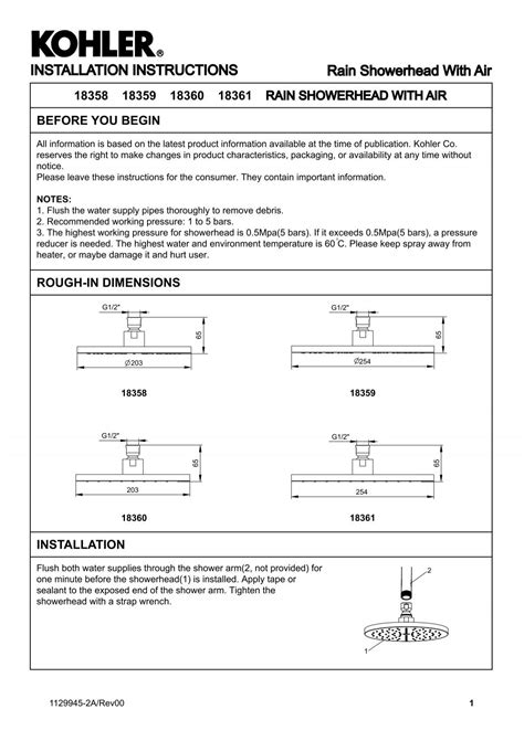 INSTALLATION INSTRUCTIONS Rain Showerhead With Air - Kohler