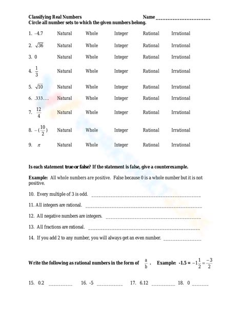 Classifying Real Numbers Worksheet