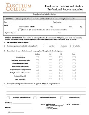 Fillable Online GPS Professional Recommendation Form Tusculum College