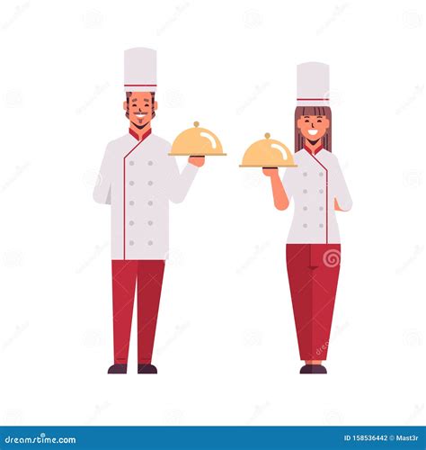 Cooks Couple Professional Chefs Holding Covered Platters Serving Trays