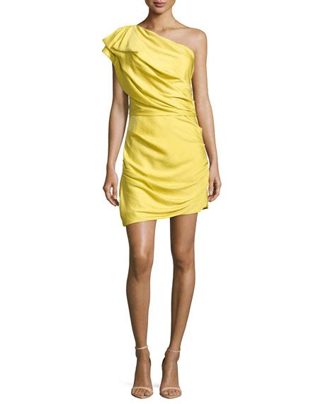 Halston Heritage One Shoulder Gathered Cocktail Dress Bamboo