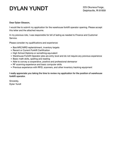 Warehouse Forklift Operator Cover Letter Velvet Jobs