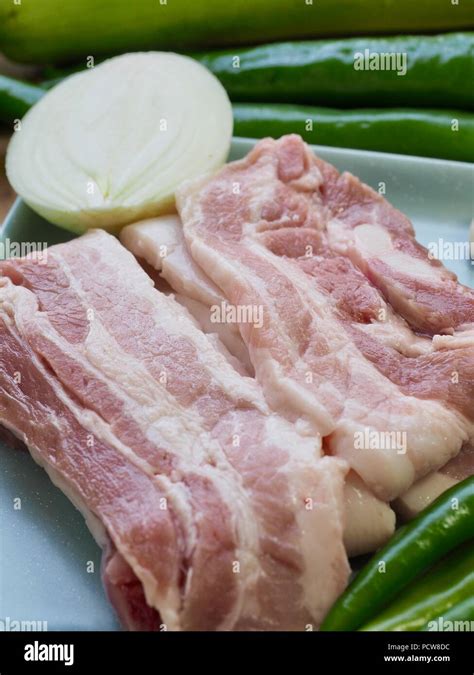 Korean Food Pork Belly And Vegetables Samgyeopsal Stock Photo Alamy