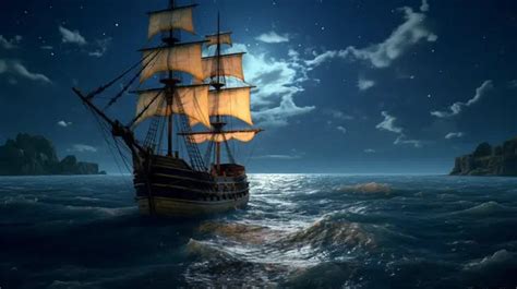 Fondo Antiguo Barco Pirata En Un Océano Iluminado Por La Luna Llena