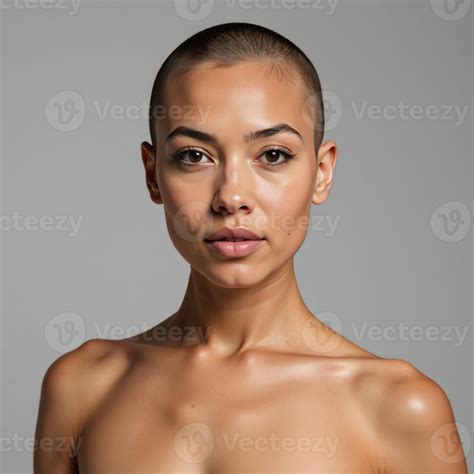 A Mixrace Lesbian With A Buzz Cut Shaved Head Strikes A Pose For A Professional Portrait Against