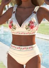 High Waisted Random Floral Print Beige Bikini Set Modlily USD