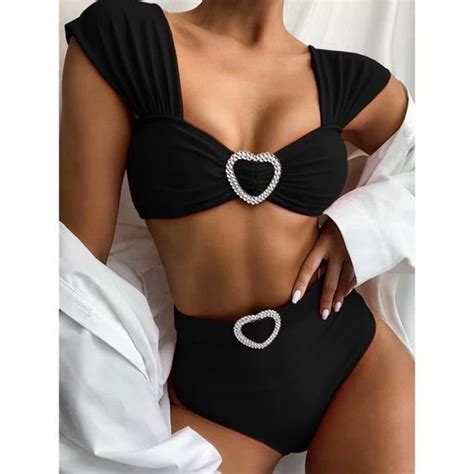 Femmes Sexy Coeur Boucle Bikini Ensemble Push Up Pad Maillots De Bain Maillot Beachwear Noir