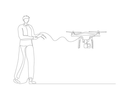 Desenho contínuo de uma linha de um homem controle remoto e drone