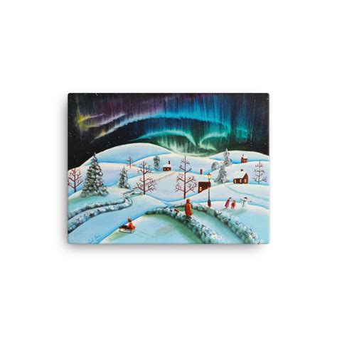 The Northern Lights Winter Folk Art Landscape Canvas Print