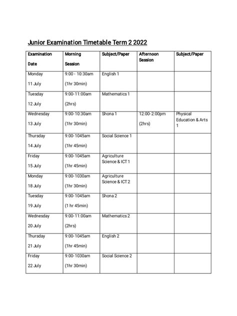 Junior Examination Timetable Pdf