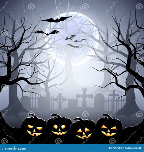 Halloween Graveyard and Pumpkins in Foggy Forest Stock Vector ...