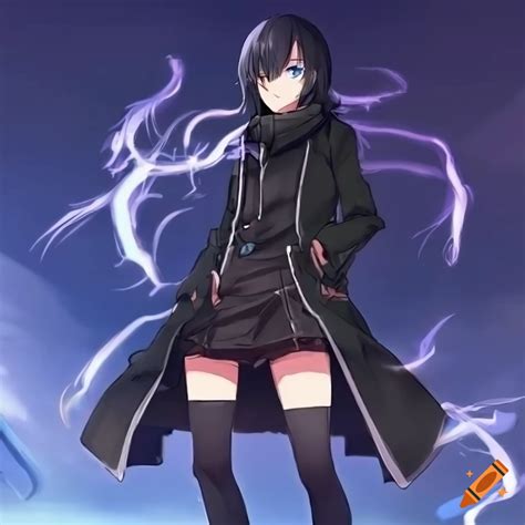 Girl Blue Eyes Black Hair Wearing Black Jacket Wielding A Giant