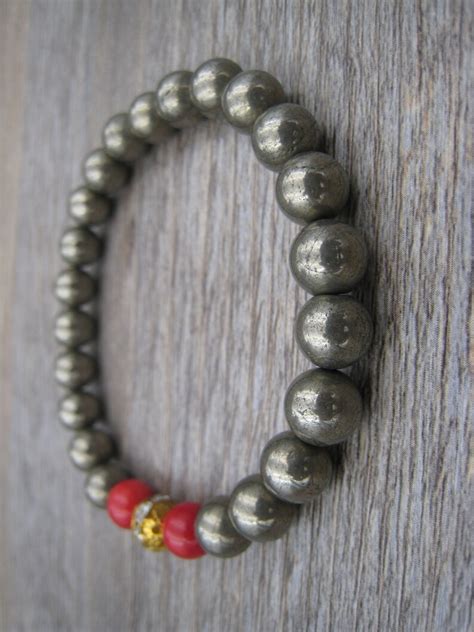 Golden Natural Pyrite Bracelet Fools Gold And Red Bamboo Etsy