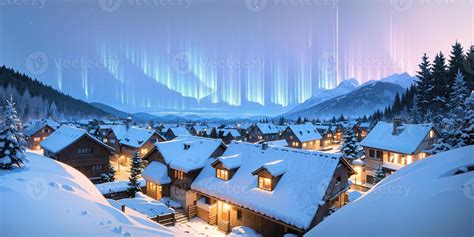 Anime Style Background Winter Landscape Aurora Mountain Village