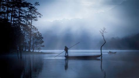 Man Boat Lake Fog Dusk K Hd Wallpaper