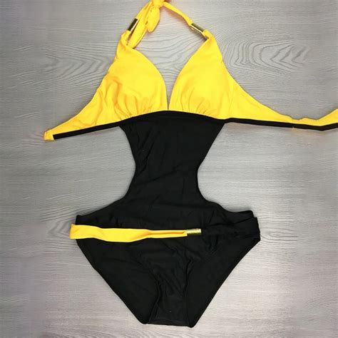 Women S One Pieces Swimsuit Beachwear Hollow Out Swimwear Push Up Monokini Bikini Yellow And