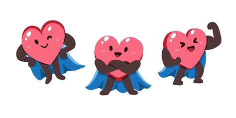 Premium Vector Set Of Healthy Cartoon Heart Character With Superhero Cape