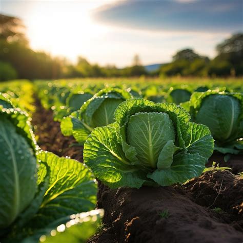 Un campo de coles con el sol detrás Foto Premium