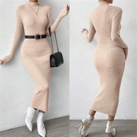 Dresses Sexy Mock Neck Ribbed Long Sleeve Bodycon Fitted Maxi Sweater Dress Poshmark