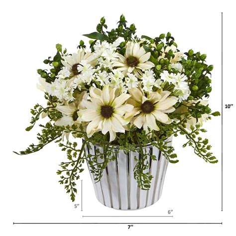 10” Mixed Daisy Artificial Arrangement in White Vase Silver Trimming ...