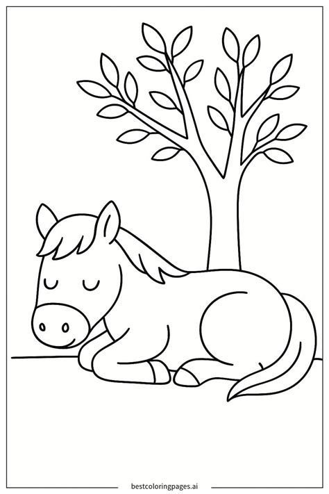 ม้าหลับใต้ต้นไม้ หน้าระบายสี - พิมพ์ฟรี | BestColoringPages AI