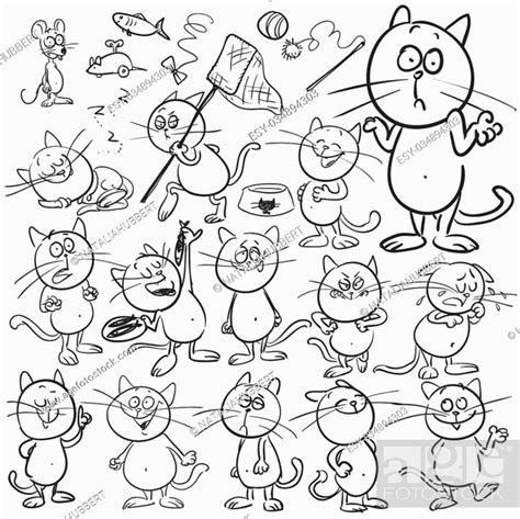 Hand Drawn Cats Cartoon Characters Set Sketch Stock Vector Vector