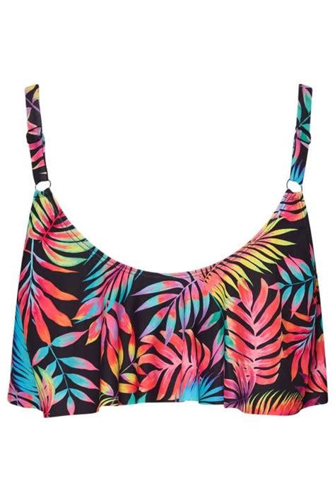 YOURS Plus Size Black Tropical Print Frill Bikini Top Yours Clothing