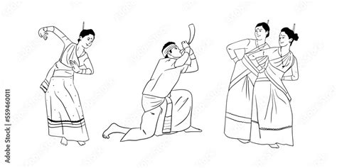 Assamese New Year Vector Outline Assamese Man And Woman Performing The