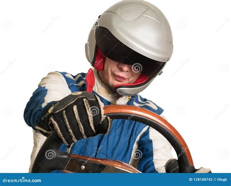 Race Car Driver in the Helmet while Driving. on a White Background ...