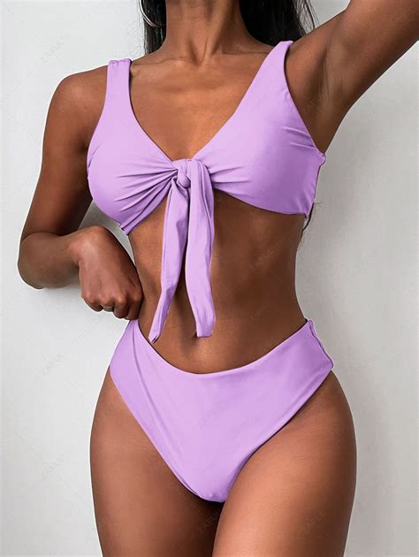 57 OFF 2022 ZAFUL Tie Front Padded Bikini Set In MAUVE ZAFUL