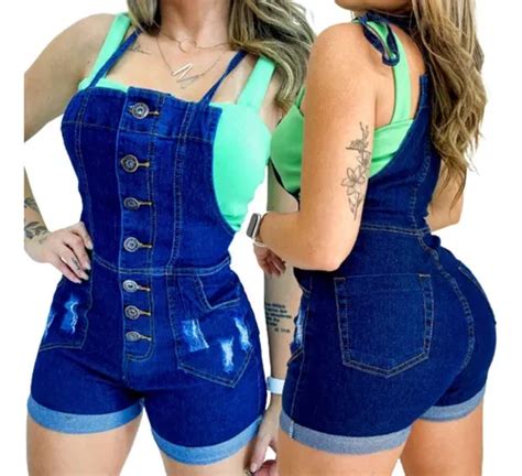 Jardineira Feminina Macaquinho Short Jeans Curto Strech Escorrega