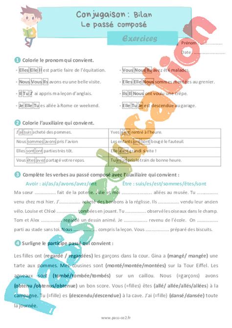 Le passé composé bilan Exercices de conjugaison pour le ce2 PDF à