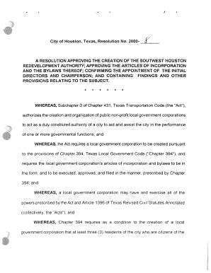 Fillable Online Houstontx The City Council Hereby Approves The Articles