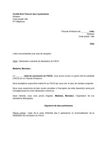 Lettre de déclaration conjointe de dissolution du PACS auprès du greffe