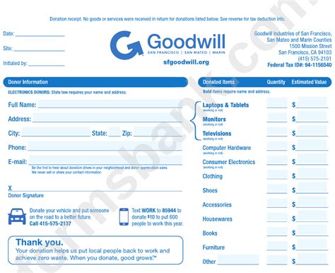 Fillable Goodwill Of San Francisco - Donation Receipt printable pdf ...