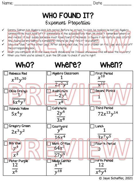 Reviewing All Exponent Properties Clue Mystery Activity Made By Teachers