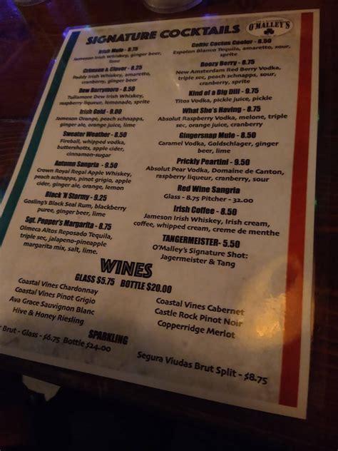 Menu at O'Malley's Pub & Restaurant, Raleigh