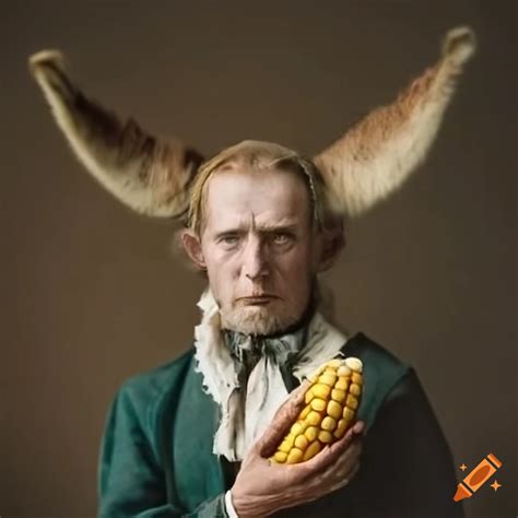 Satirical Victorian Artwork Of A Man With Donkey Ears Holding Corn On