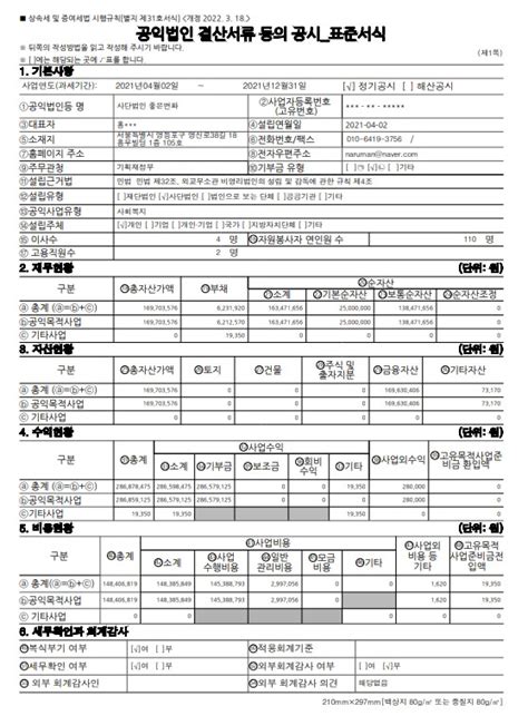 2021년 공익법인 결산서류 등 보고 및 사업성과 보고 총회 회의록 포함 사단법인 좋은변화 기부금 재정보고