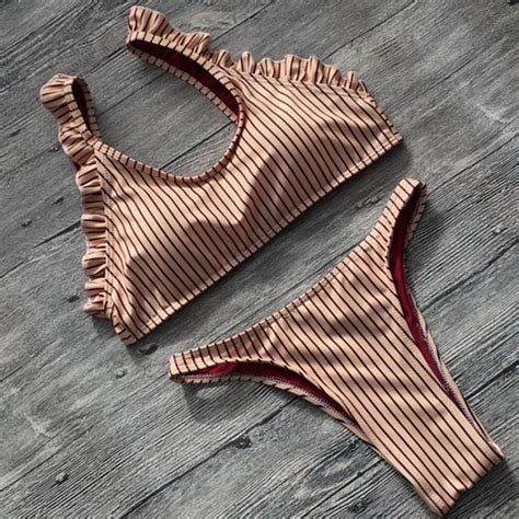 Push Up Sexy Bikini Set Striped Swimsuit Women Swimwear Lace Bandage