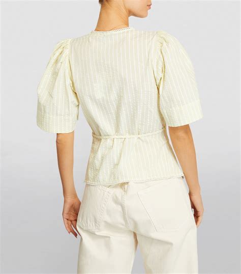 Womens Ganni Yellow Seersucker Striped Blouse Harrods Uk