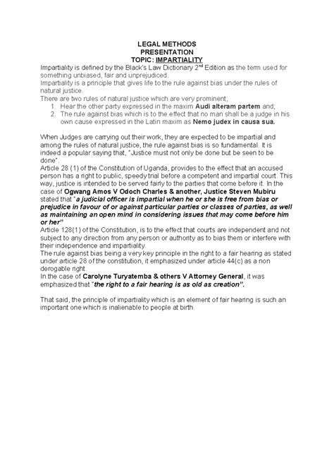 Impartiality - Summary Legal methods - LEGAL METHODS PRESENTATION TOPIC