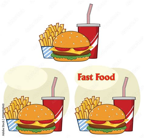 Fast Food Hamburger Drink And French Fries Cartoon Drawing Simple Design Collection Set