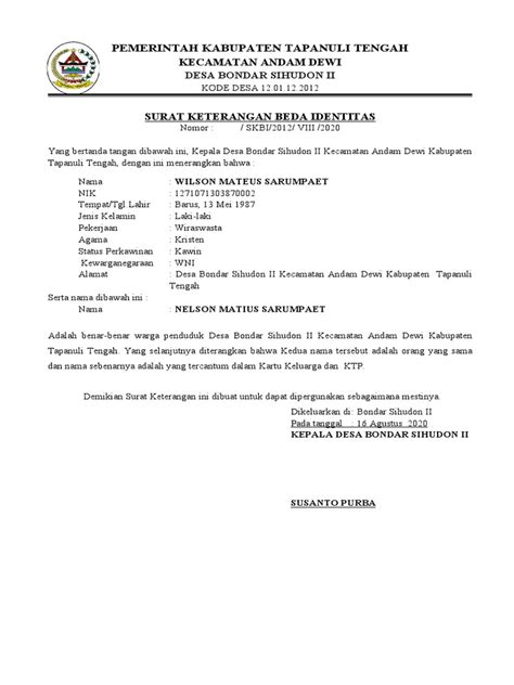 Surat Keterangan Beda Nama | PDF 