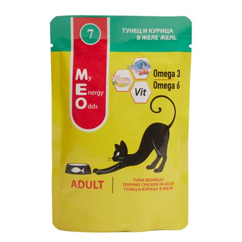 MEO влажный корм для взрослых кошек с тунцом и курицей в желе, в паучах ...