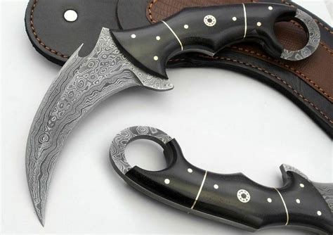 Damascus Karambit Knife With Bull Horn Handle And Sheath